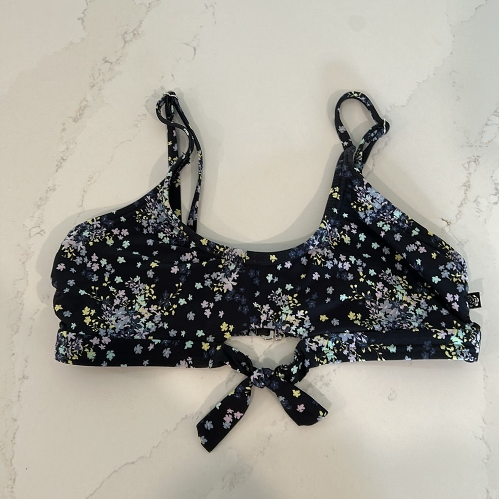 La Vie en Rose Aqua Navy Floral Print Bralette Bikini Top Size XS